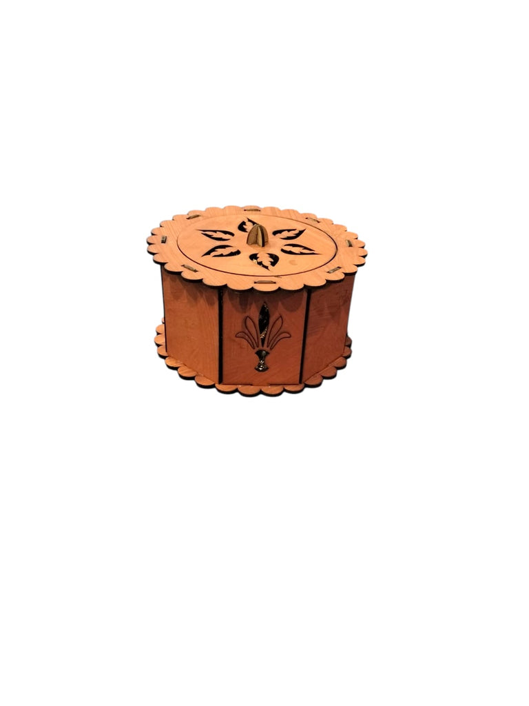 Timeless Treasure: Round Wooden Jewelry Box with Hand-Carved Lid